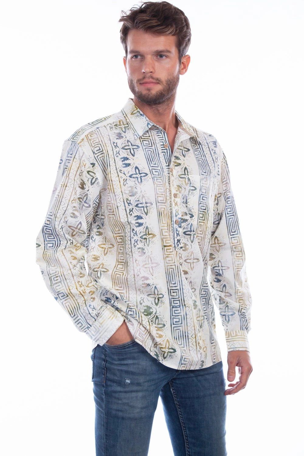Scully Mens Tiki 100% Cotton Batik Popover L/S Shirt Loose Fit