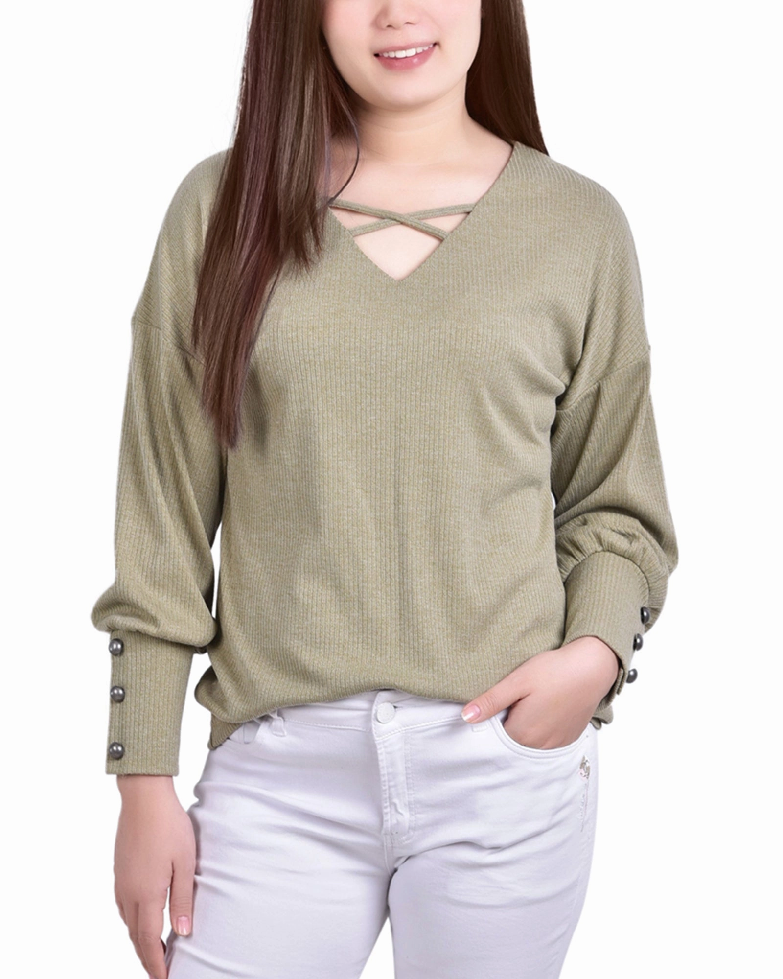 Layer Trend Modern Trend Petite Long Sleeve Criss Cross Neck Pullover Top
