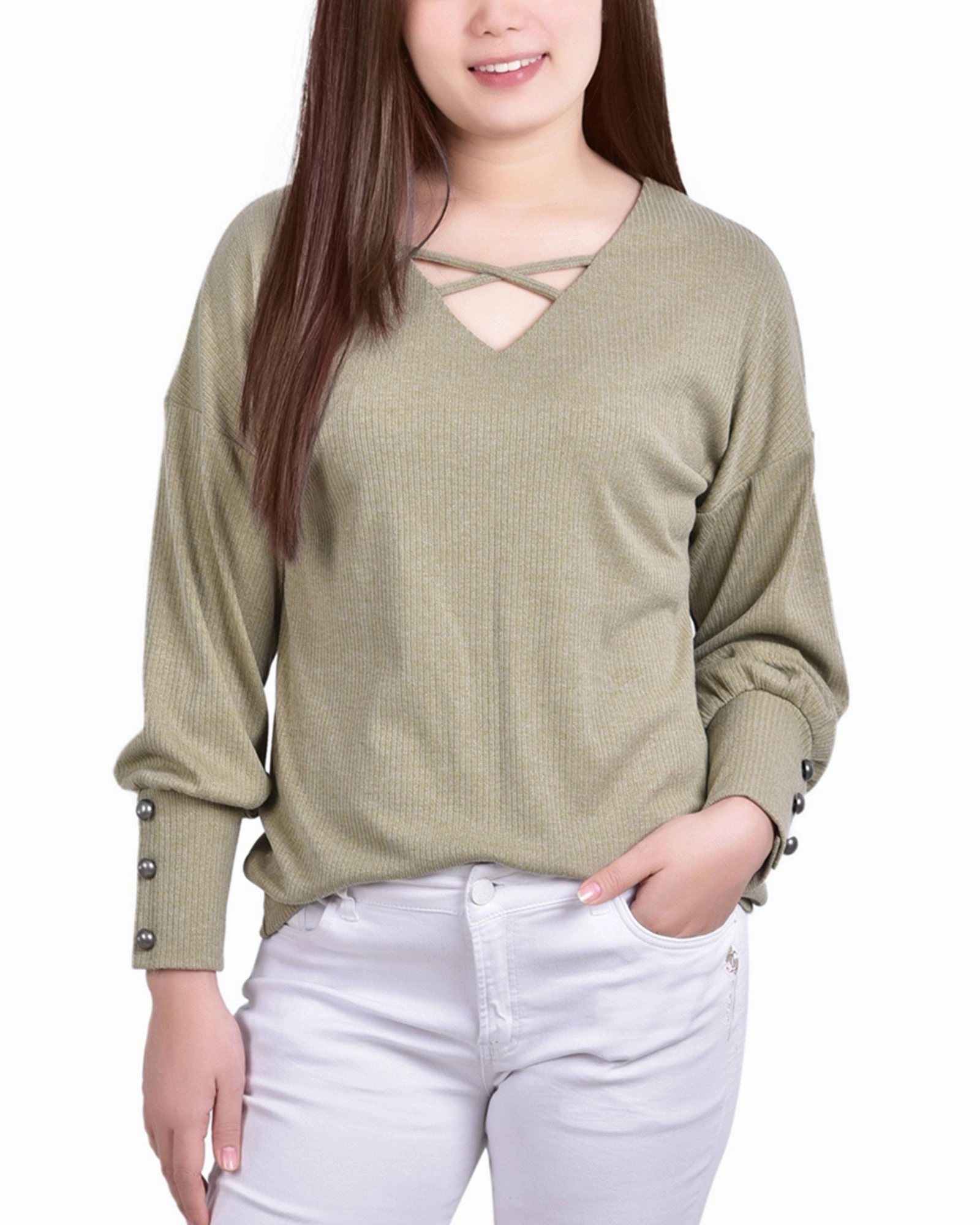 Chilly Days Petite Long Sleeve Criss Cross Neck Pullover Top