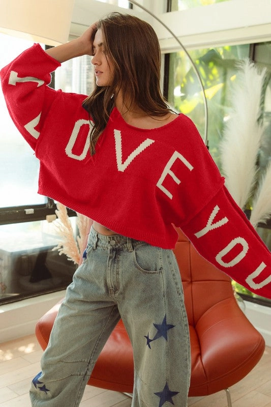 I LOVE YOU LETTER KNIT TOP S-XL UVProtectionFinish Seam Free Shoulders