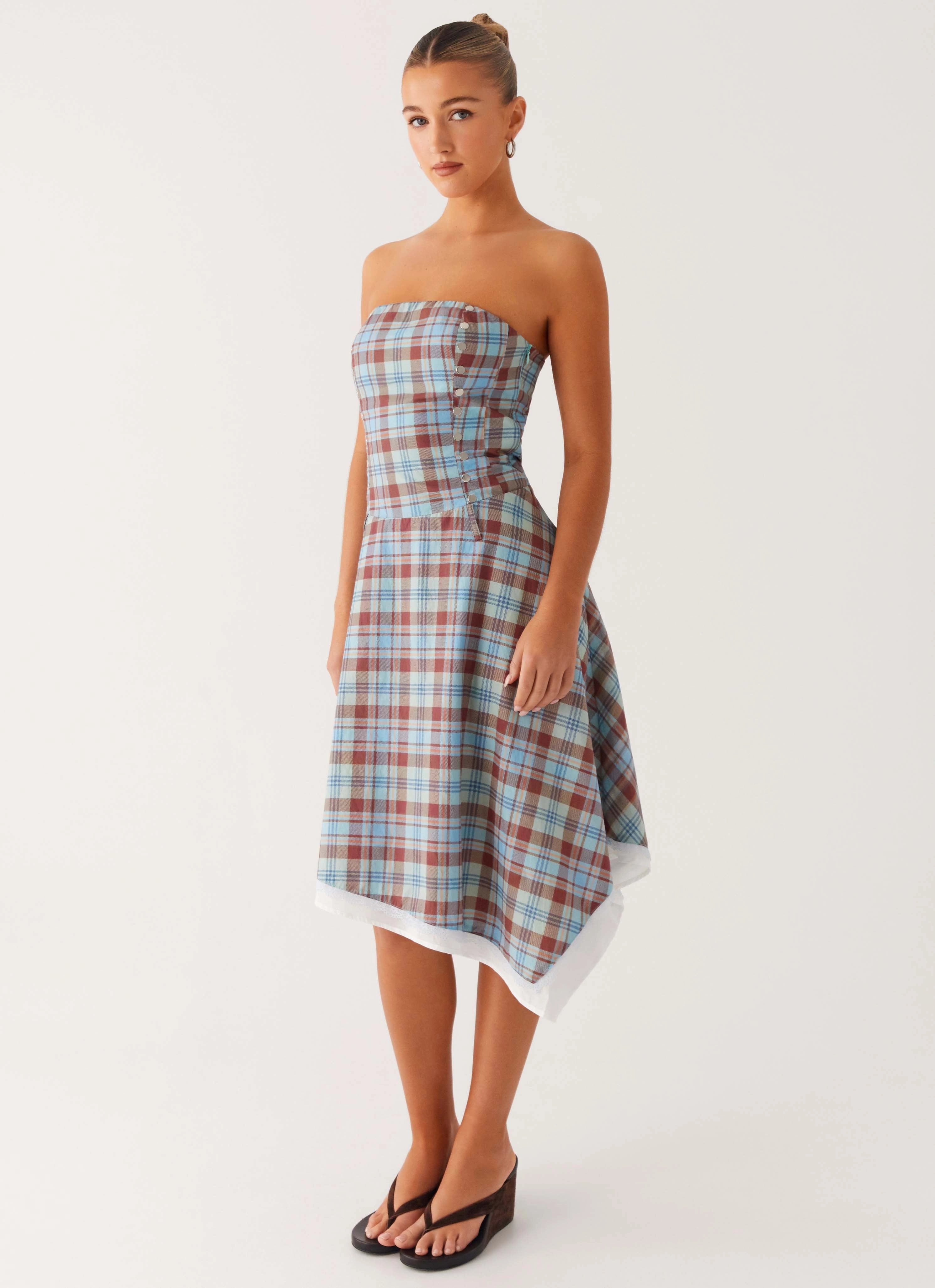 Tonie Strapless Midi Dress - Shoreline Check Luxe Look