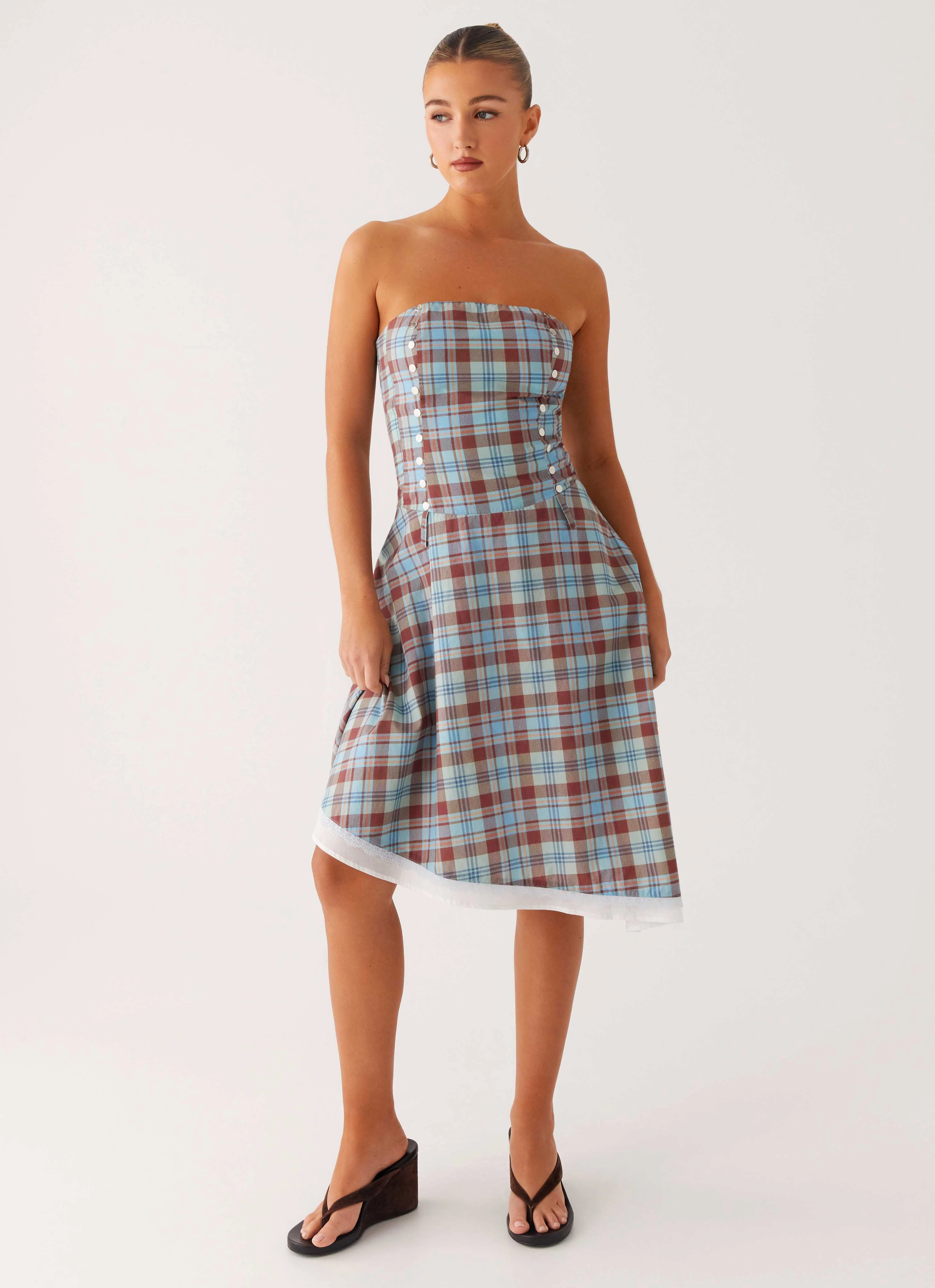 Tonie Strapless Midi Dress - Shoreline Check Classic Design