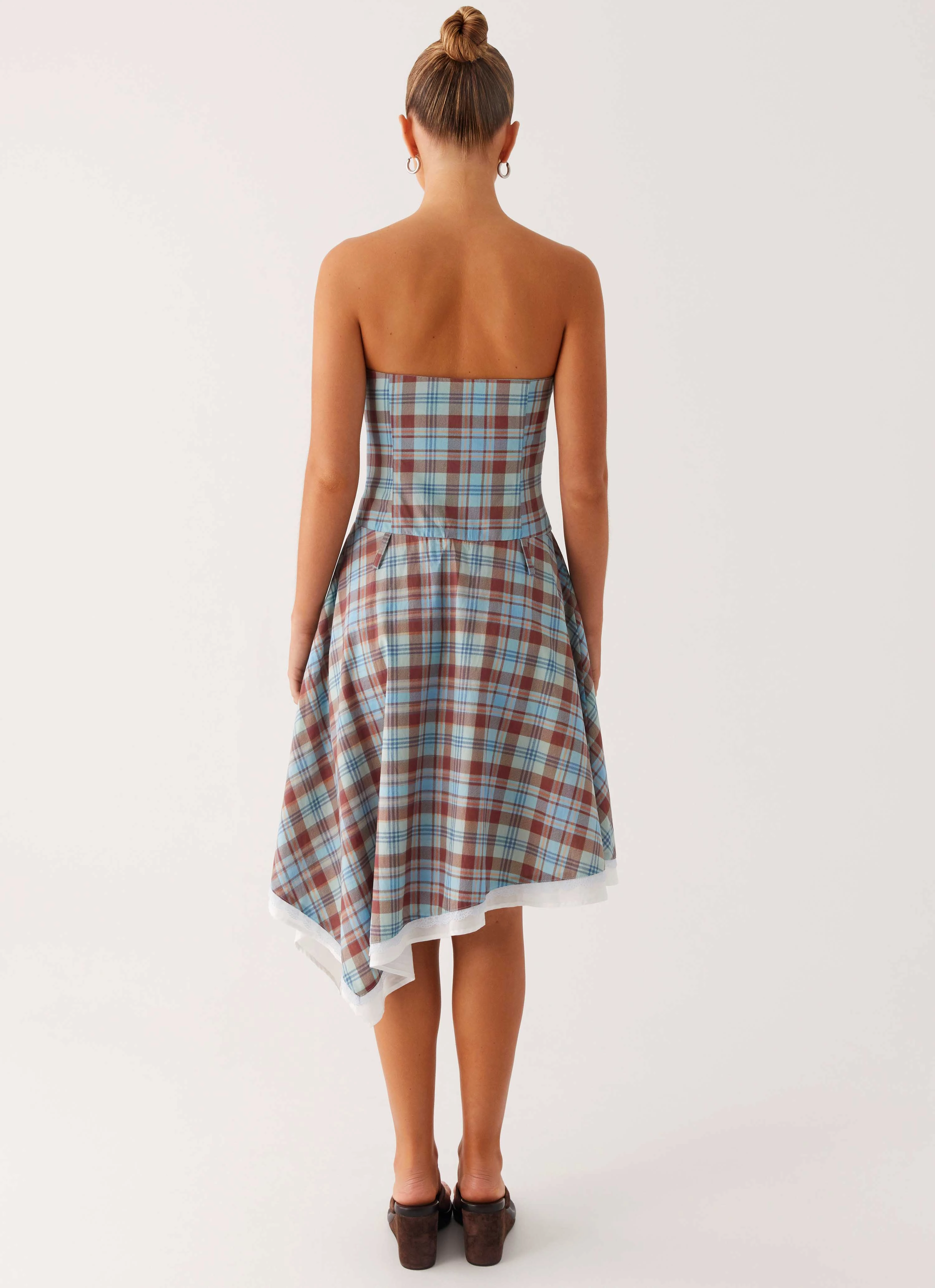 Tonie Strapless Midi Dress - Shoreline Check Elegant Motion