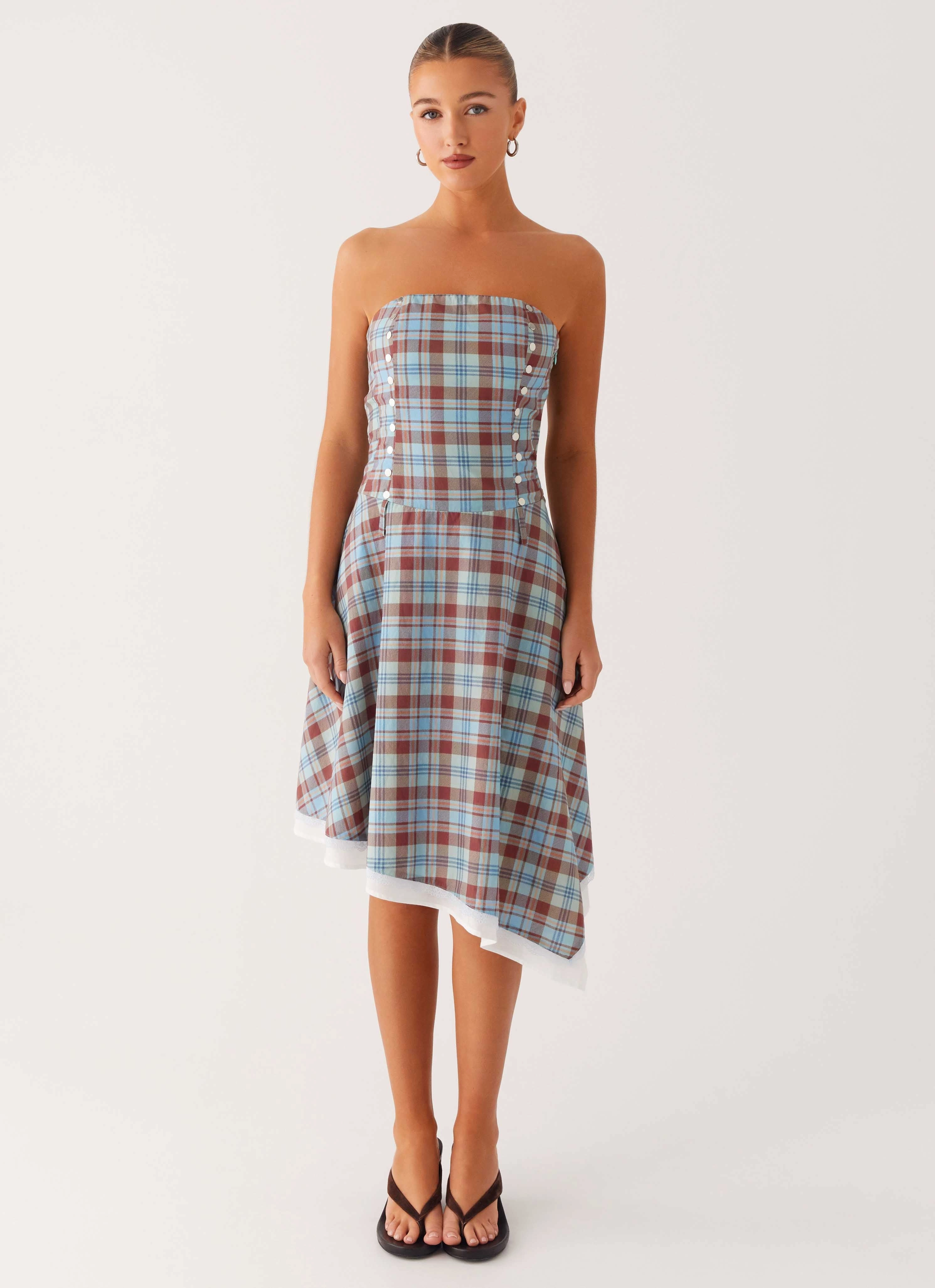 Tonie Strapless Midi Dress - Shoreline Check Elegant Look Bold-Color