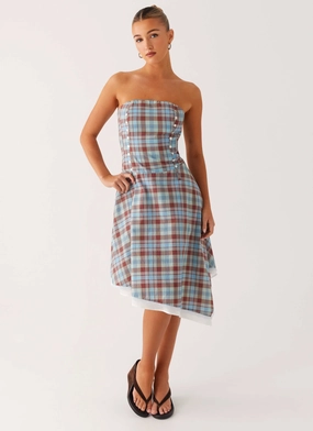 Tonie Strapless Midi Dress - Shoreline Check All Gender Linen Love