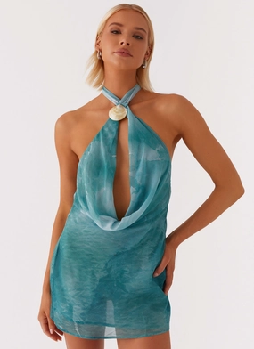 Oceans Away Deep Cowl Mini Dress - Green Tie Dye Minimal Details