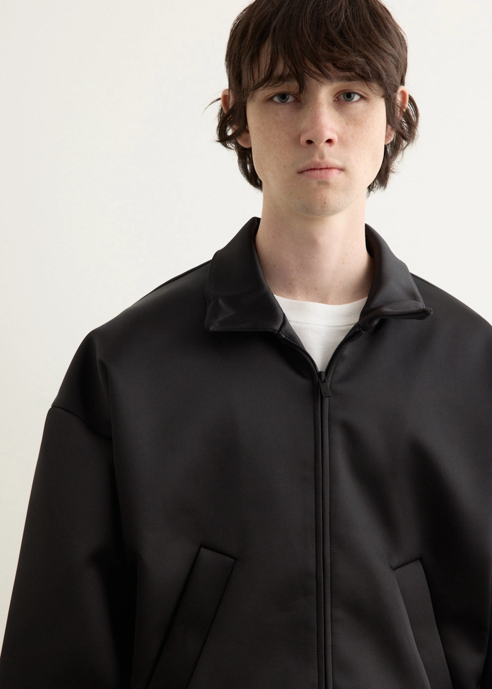 FullCoverageHood Snap Closure System Bonded Satin Zip-Up Bomber