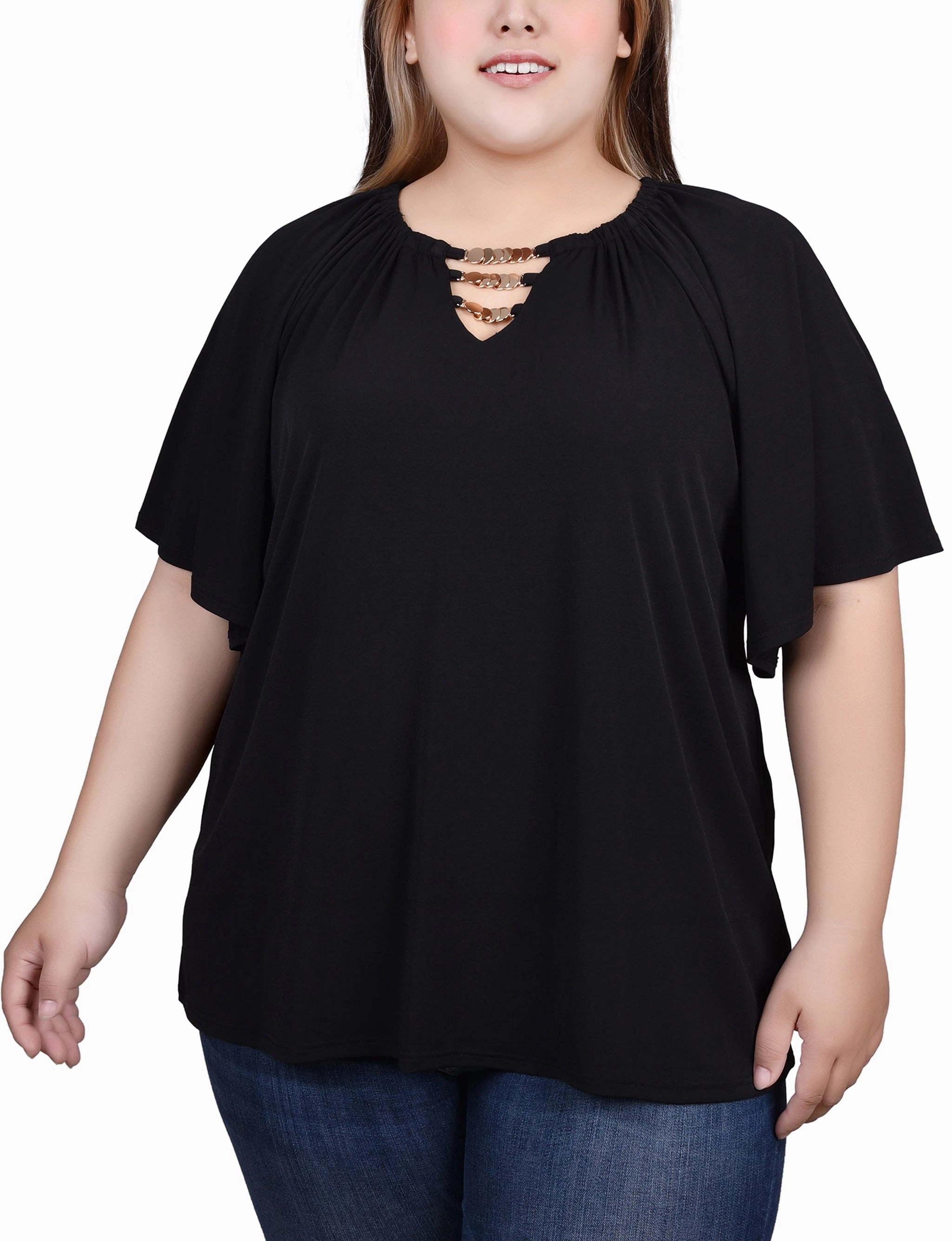 Perfectly Styled Plus Size Raglan Sleeve Top With Chain Details