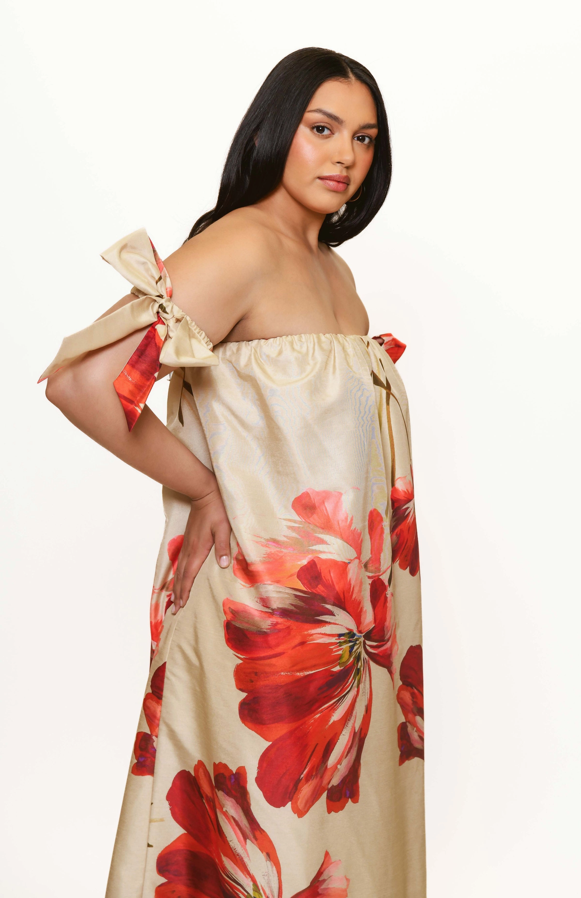 Iris Gown in Taupe Breezy Bloom Piped-Edge