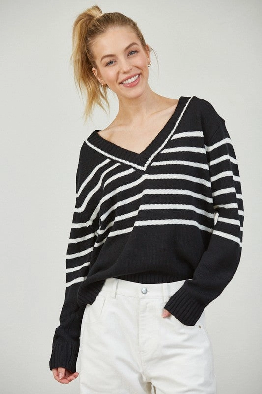 Versatile Top Comfy Look Wear ISLA STRIPE V NECK SWEATER