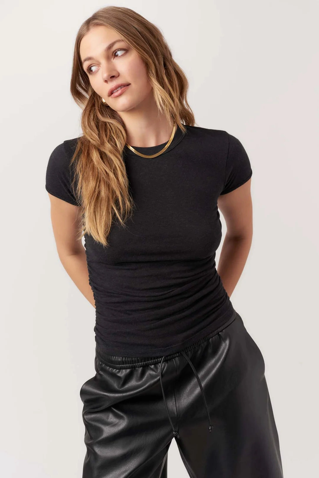 Izzie Ruched Baby Tee - Black Stylish Layering Relaxed Style