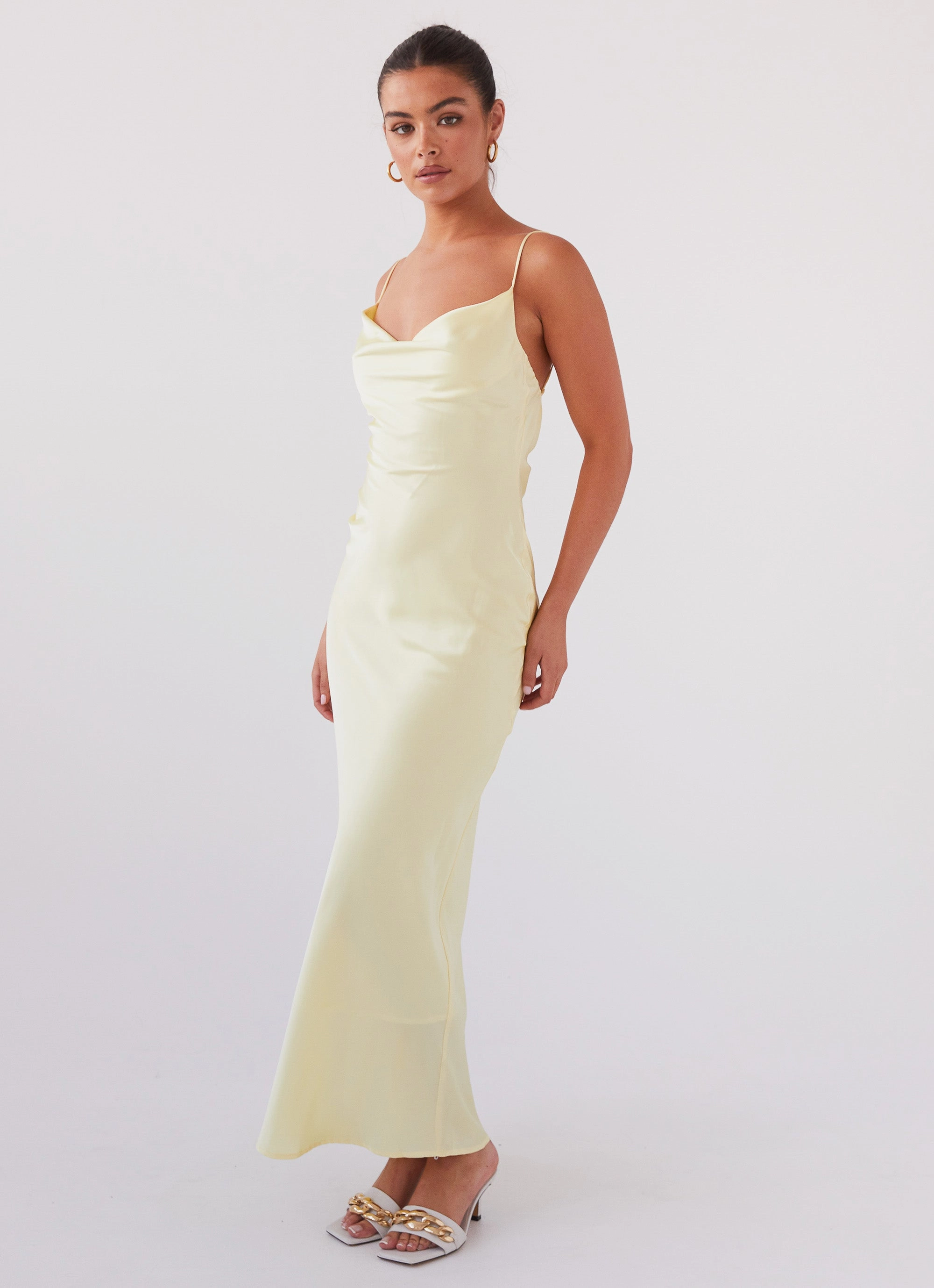 Joanna Satin Maxi Dress - Lemon Satin Touch Non-Pilling