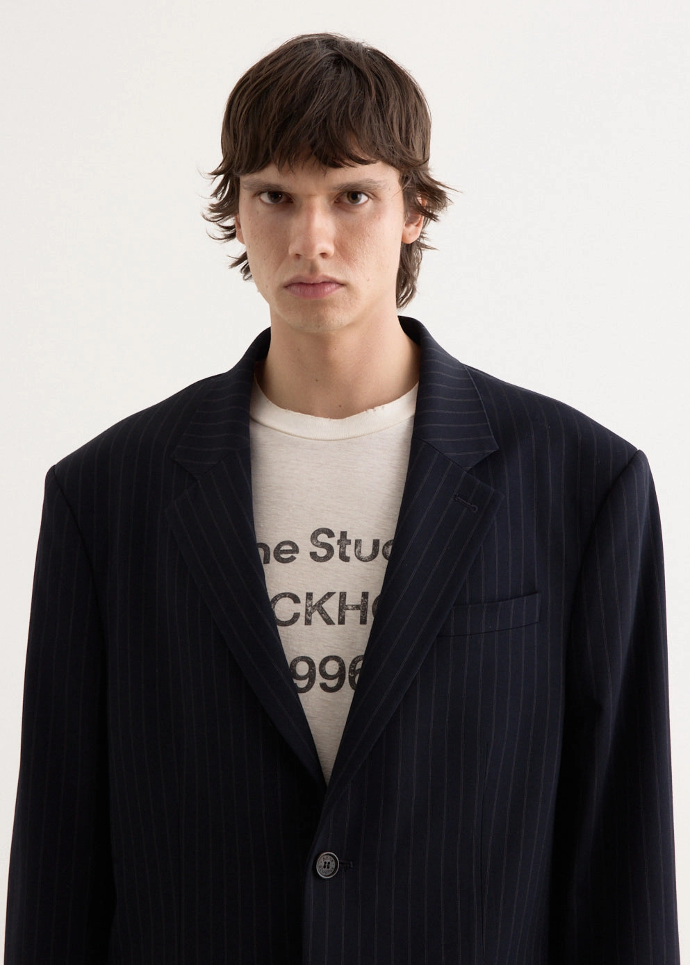 Jotam Vis Pinstripe Suit Jacket Neutral Look Zipper Guard Weatherproofing