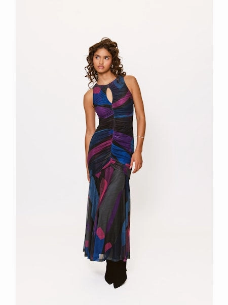 Airy Feel Crisp Detail Julia Maxi Dress in Black Multi Mid Century