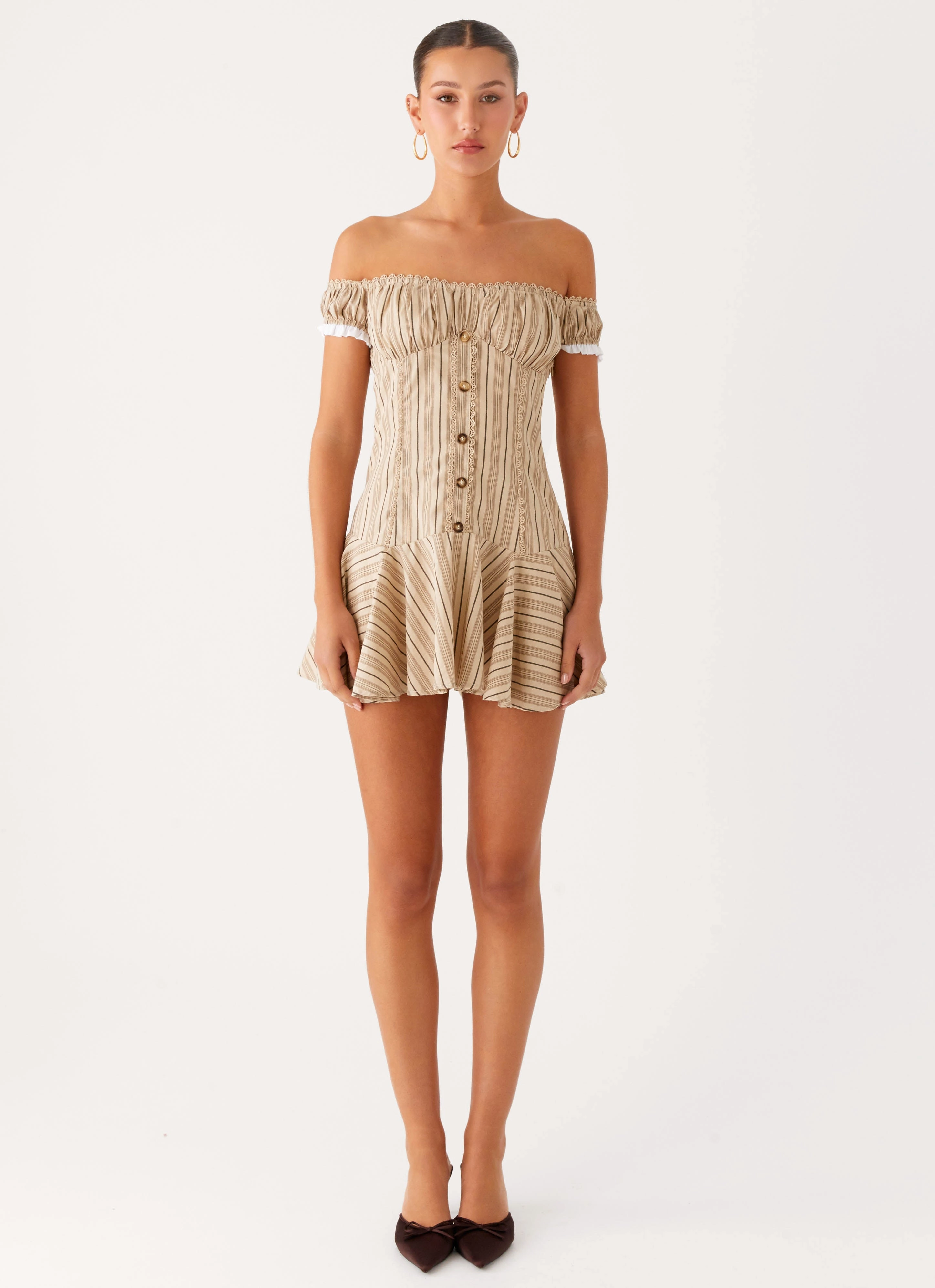 Dark Tones Jumana Off Shoulder Mini Dress - Off White Stripe