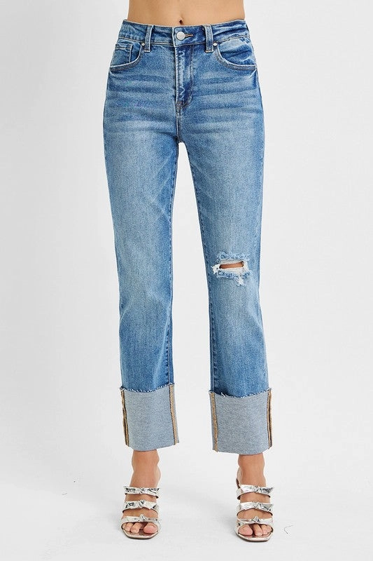 Classic Weekend Getaway Modern Appeal JUNE HIGH RISE ANKLE STRAIGHT WIDE CUFFED JEANS