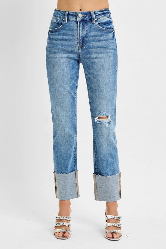 Lightweight Material JUNE HIGH RISE ANKLE STRAIGHT WIDE CUFFED JEANS