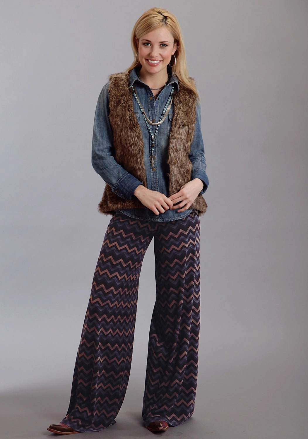 Durable Hardware Abrasion Resistant Denim Stetson Womens Chevron Print Brown Rayon/Spandex Trousers