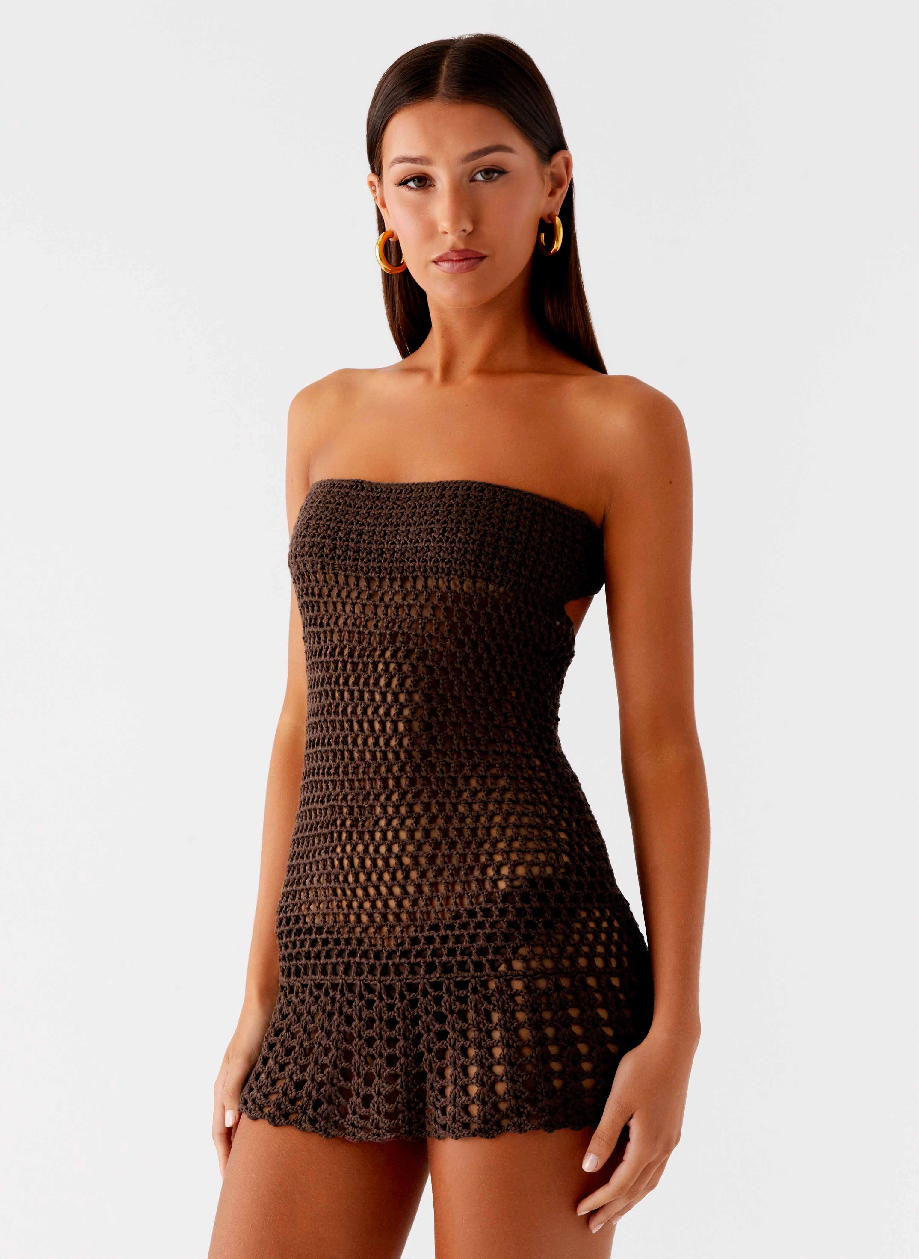 Cozy Layer Kaiane Strapless Crochet Mini Dress - Chocolate