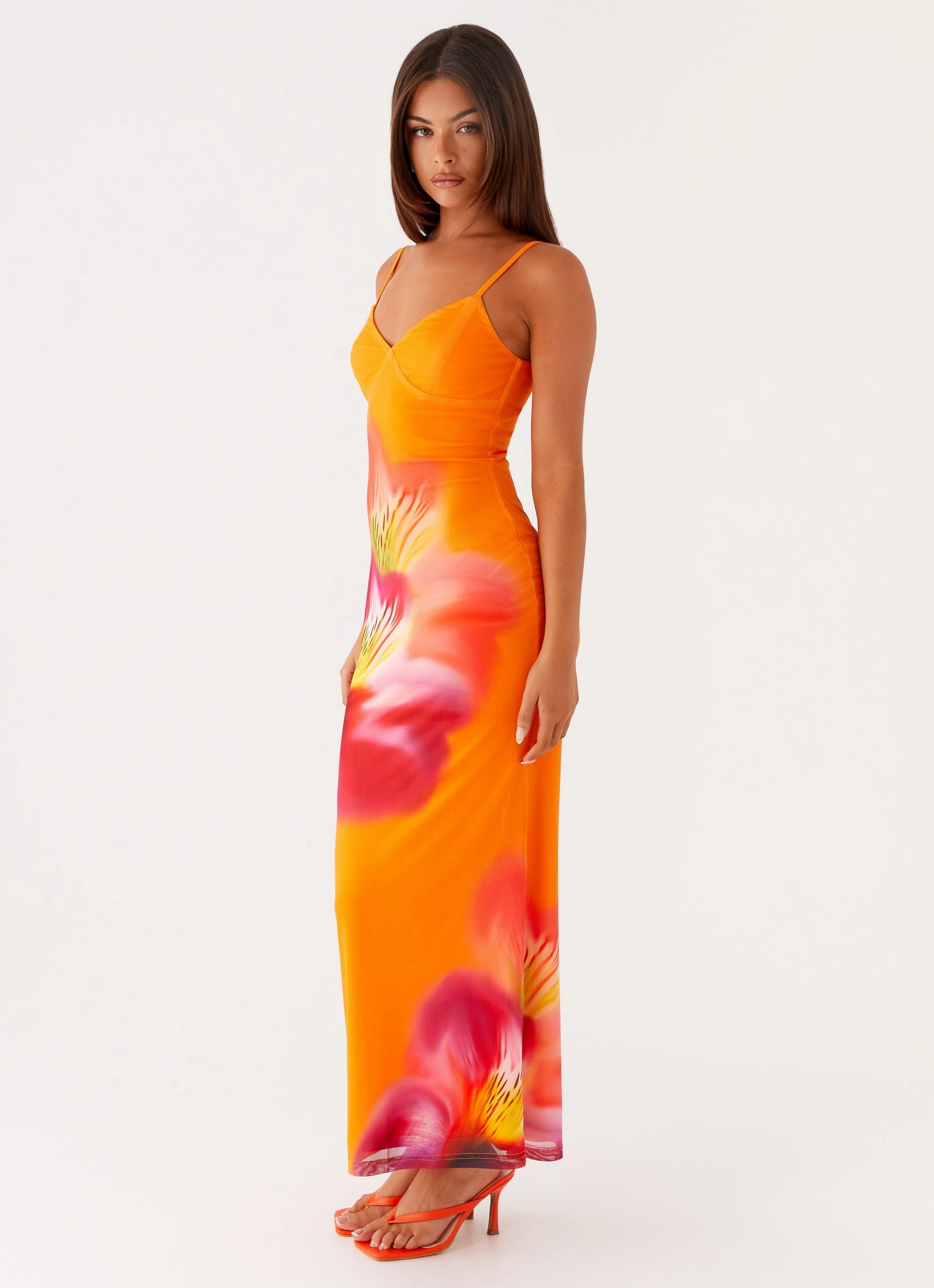 Kasey Midi Dress - Orange Tropical Feminine off-the-shoulder gown