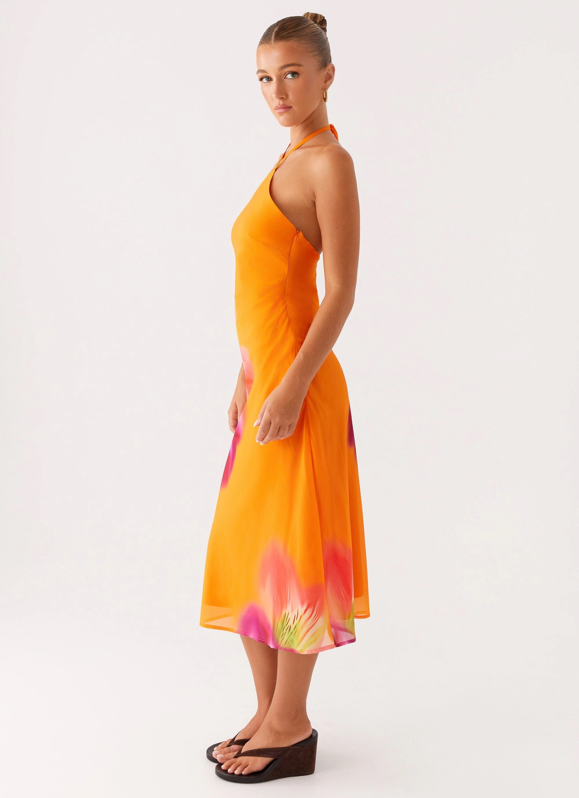 Dual Tones Shiny-Lining Kea Midi Dress - Orange Tropical