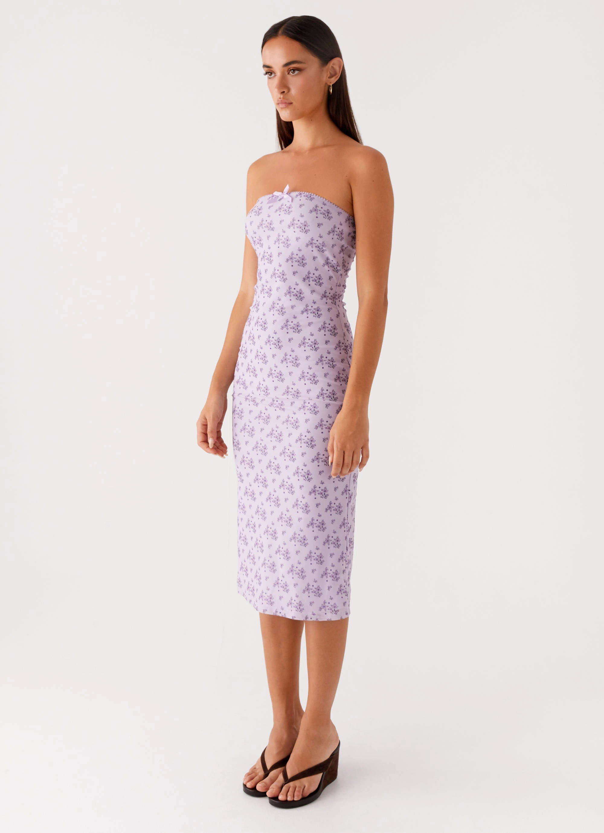 Keila Strapless Midi Dress - Lavender Meadow Gloss Accent Airy Drape