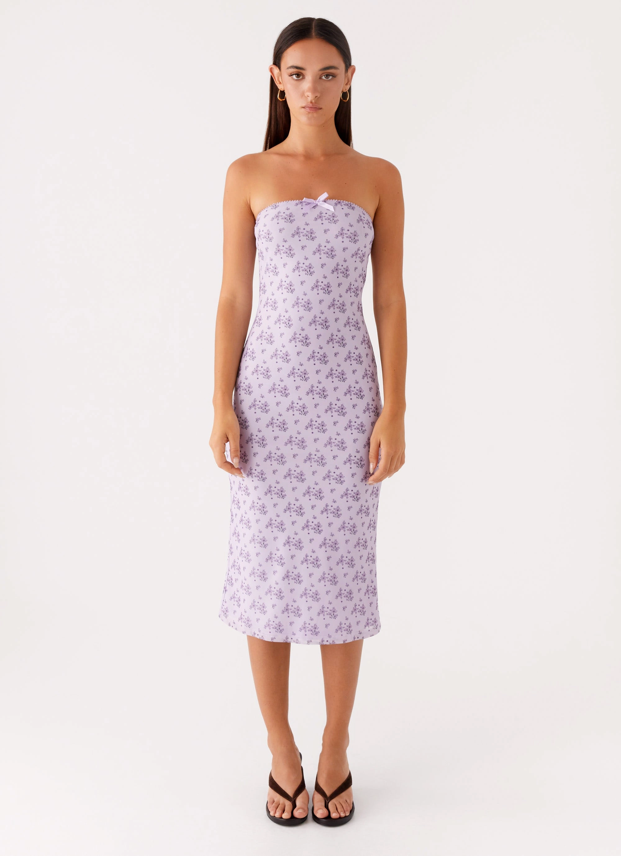 Transitional Style Light Blend Keila Strapless Midi Dress - Lavender Meadow
