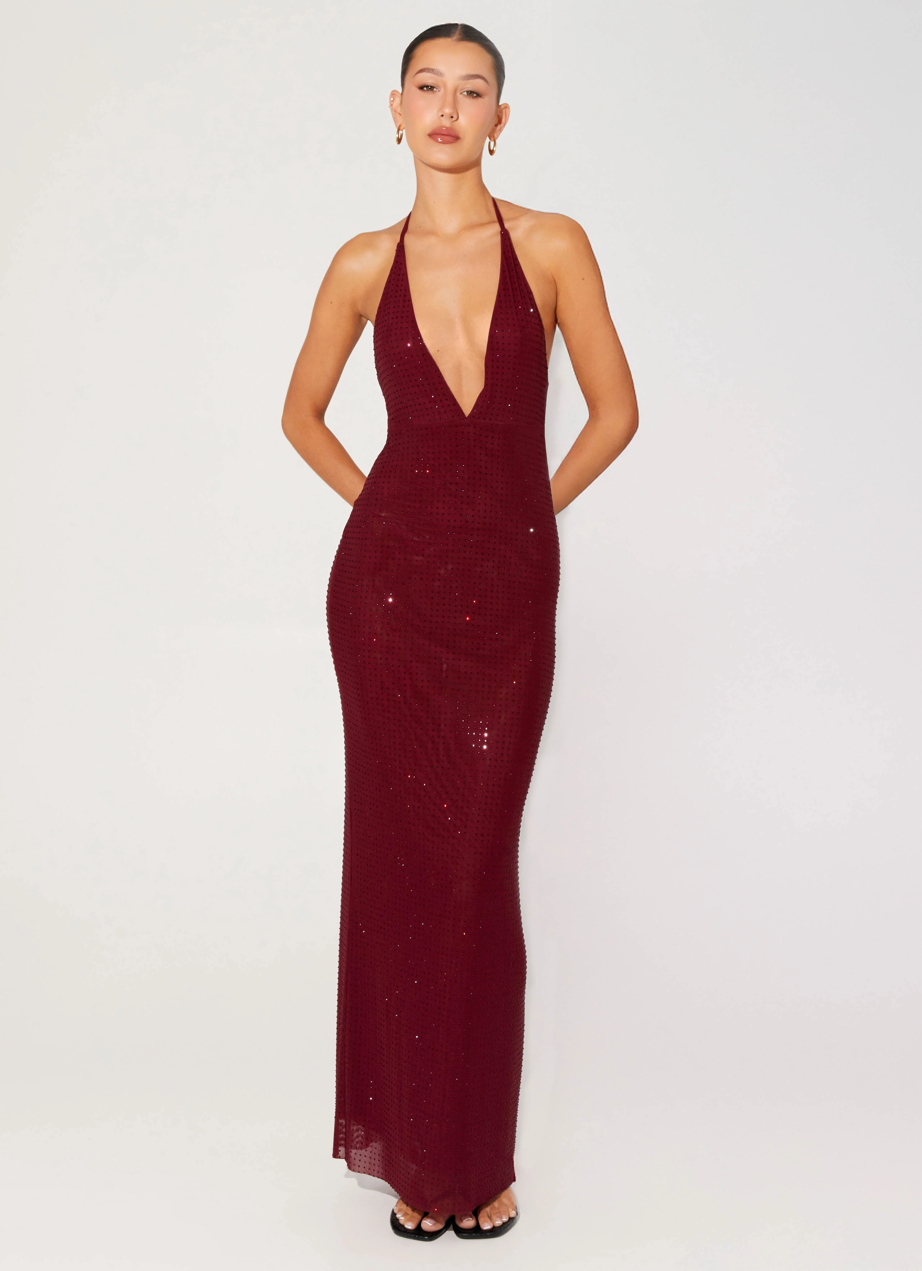 Keliese Beaded Maxi Dress - Burgundy Feminine off-the-shoulder gown