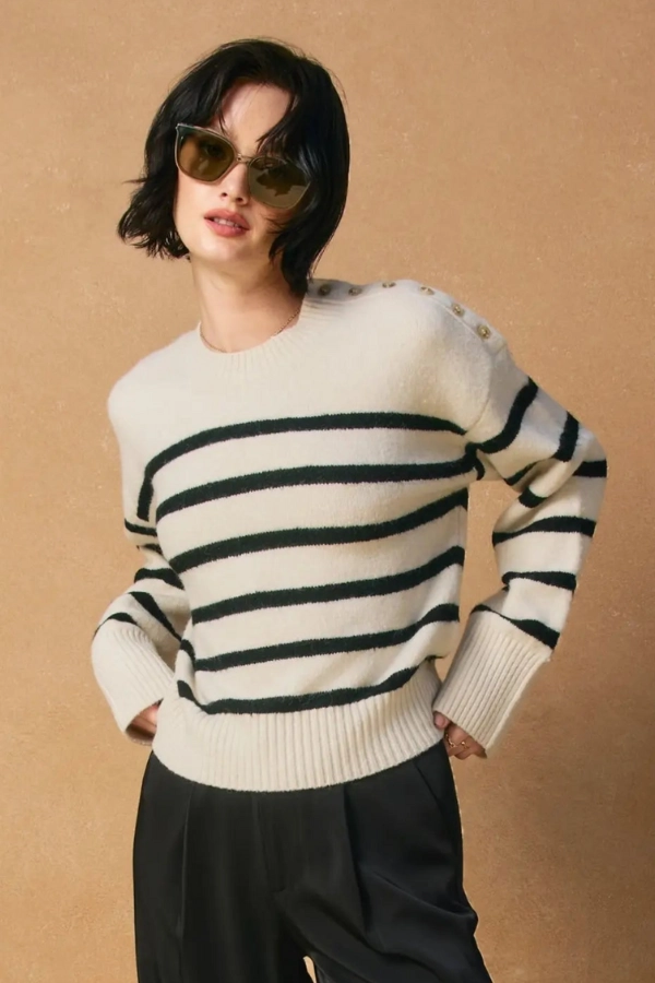 Winter Essentials Kelly Button Striped Sweater - Ivory & Black
