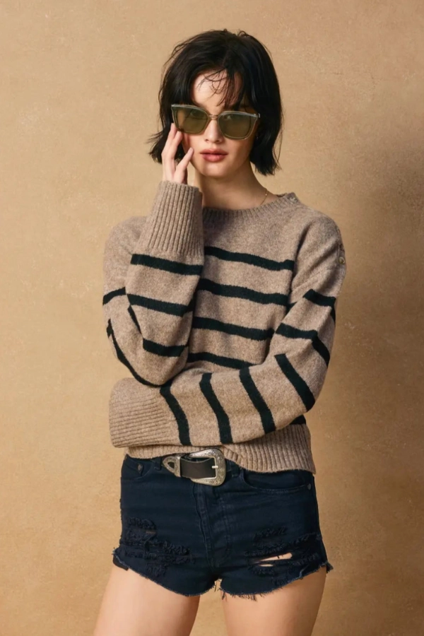 Kelly Button Striped Sweater - Mocha & Black Cozy Choice Textured Weave