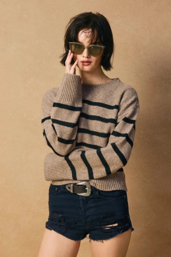 Winter Wearable Kelly Button Striped Sweater - Mocha & Black