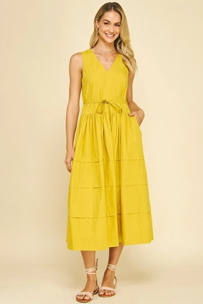 KELLY V-NECK TIERED MIDI DRESS Minimalist fit-and-flare