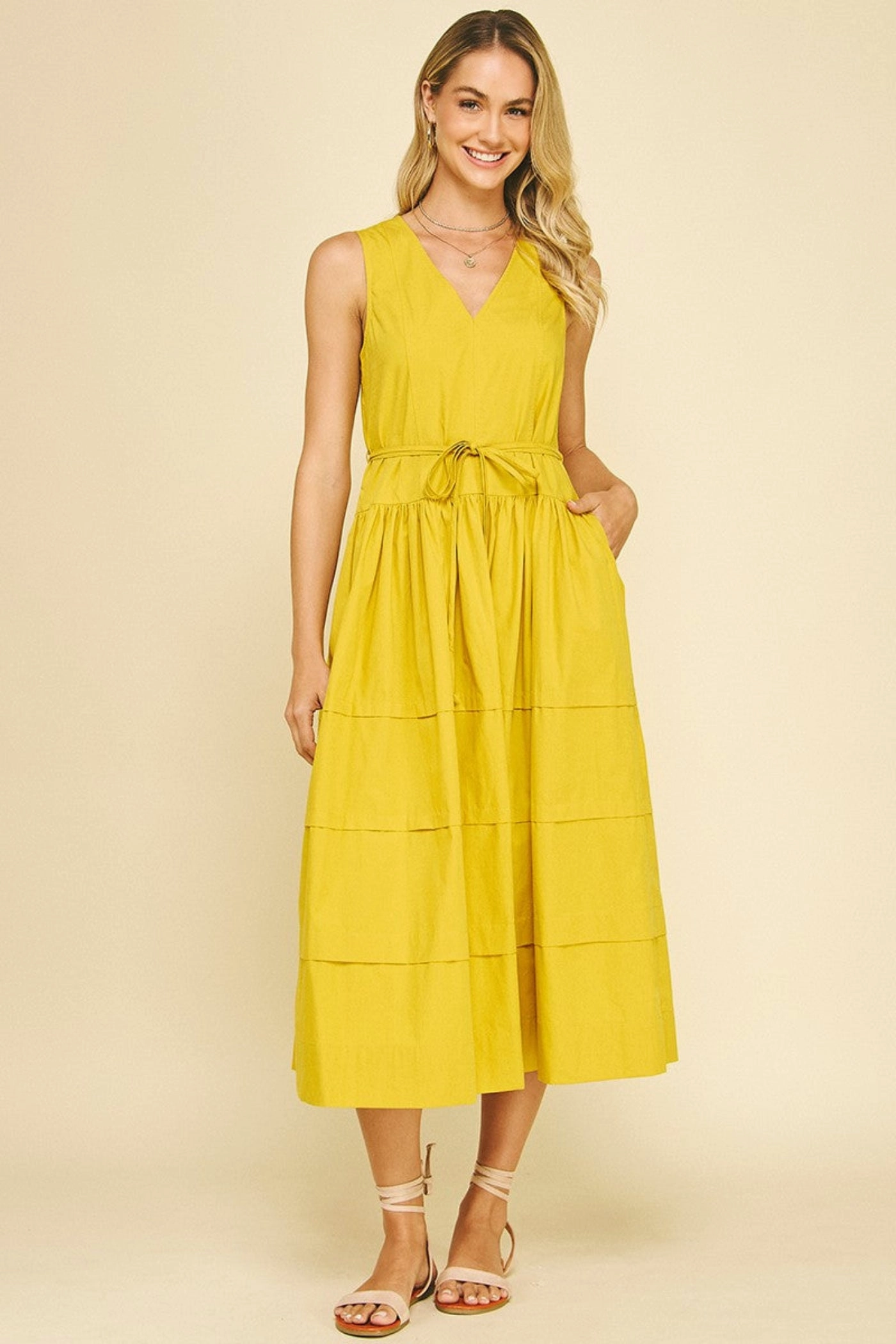 KELLY V-NECK TIERED MIDI DRESS Minimalist fit-and-flare