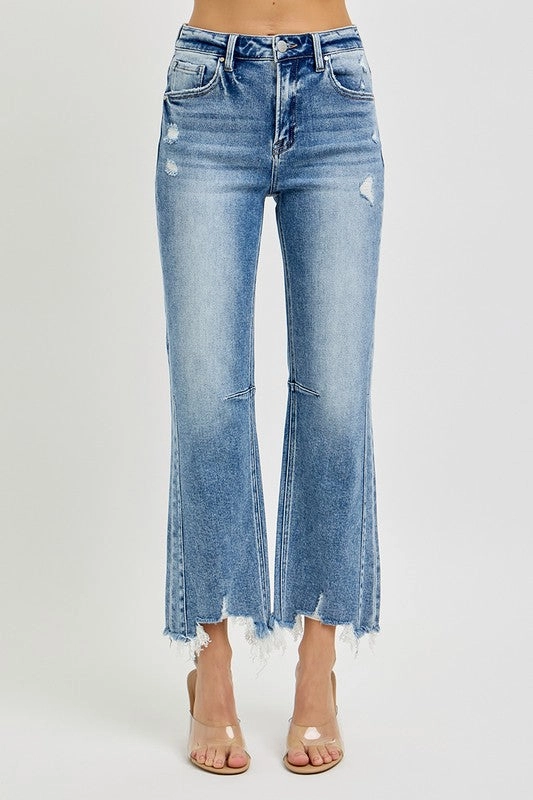 Kenny High Rise Crop Straight Distressed Hem Jeans Basic Style