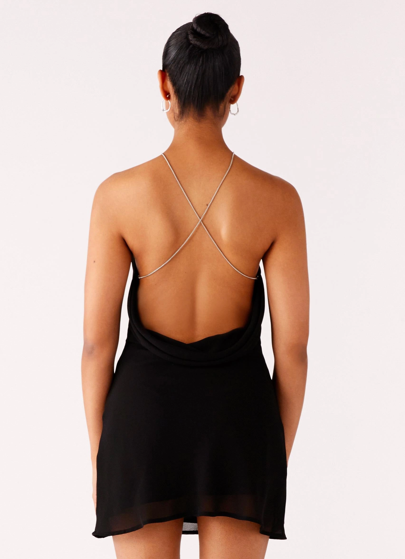 Key Hole Cowl Neckline Mini Dress - Black Gentle Aesthetic Sheer Element