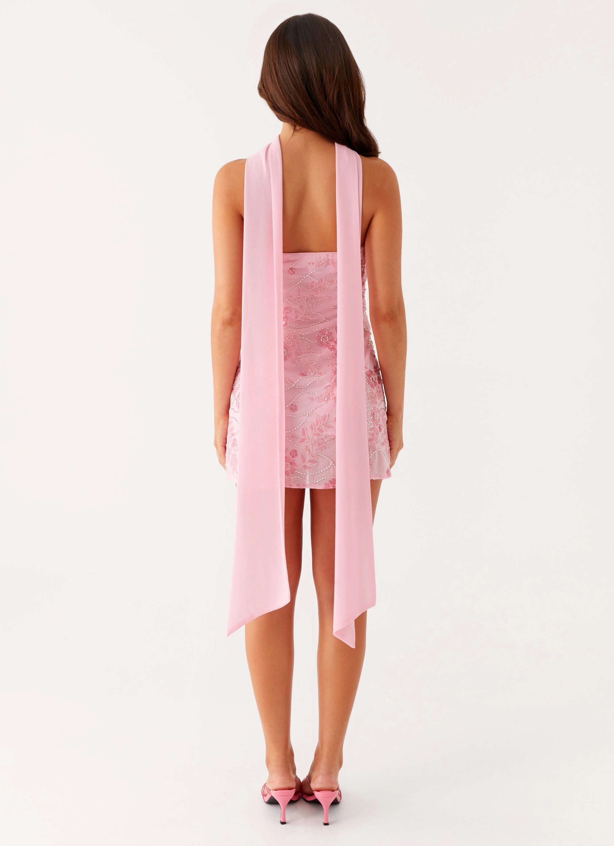 Kiesha Strapless Scarf Mini Dress - Pink Evening Tone Fluid Fabric