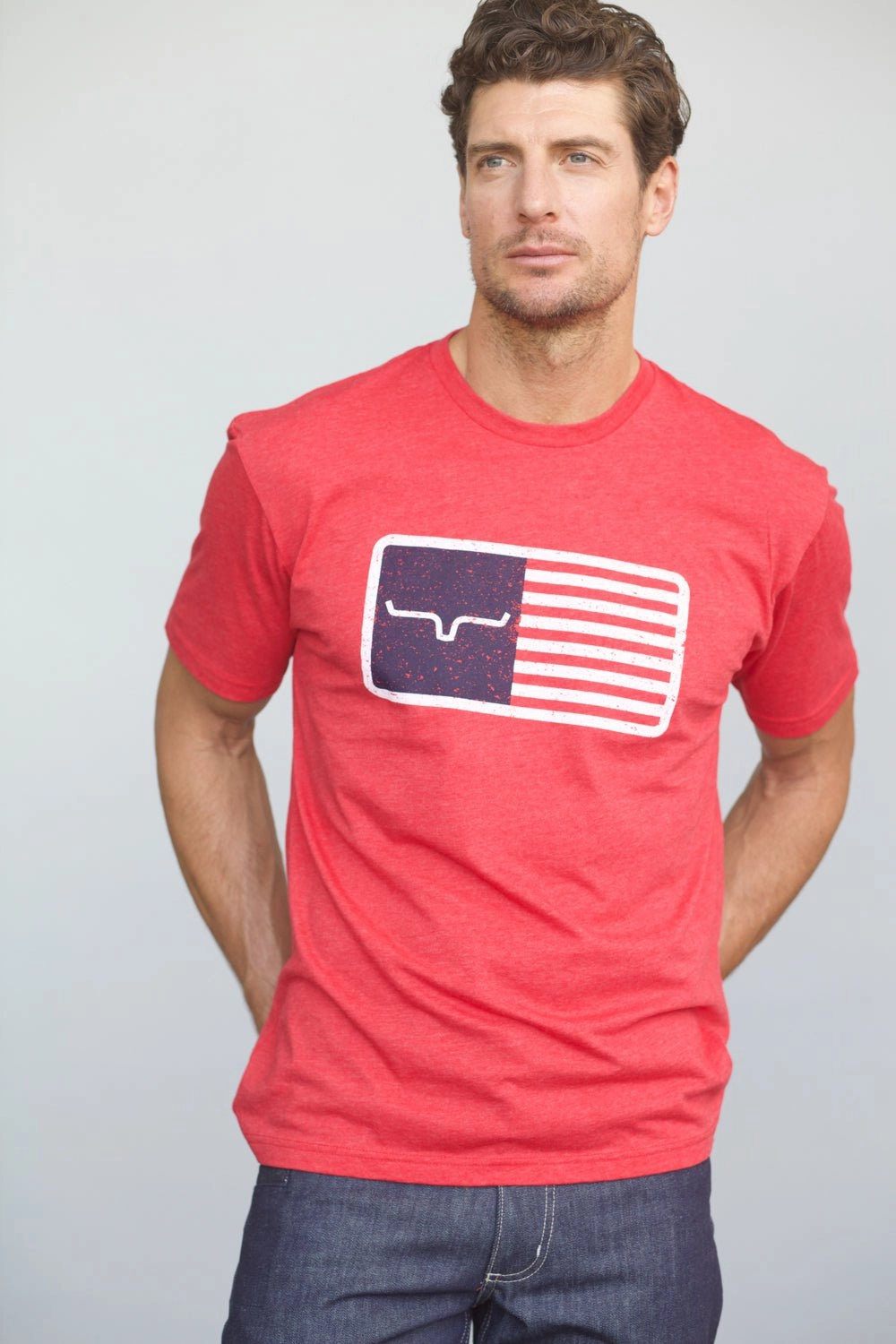 Comfort First Fit Button Down Design Kimes Ranch Mens American Trucker Tee Red Cotton Blend S/S T-Shirt