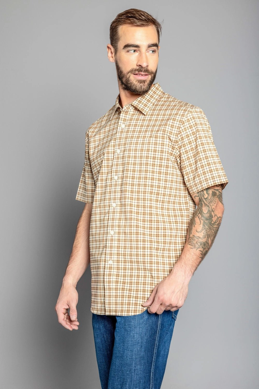 Embroidered Logo Kimes Ranch Mens Chute Mini Check Work Wear Brown Cotton Blend S/S Shirt