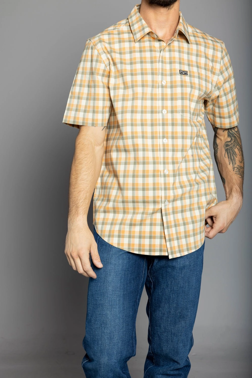 Kimes Ranch Mens Go Round Plaid Gold Cotton Blend L/S Shirt Tall Length Tall Option