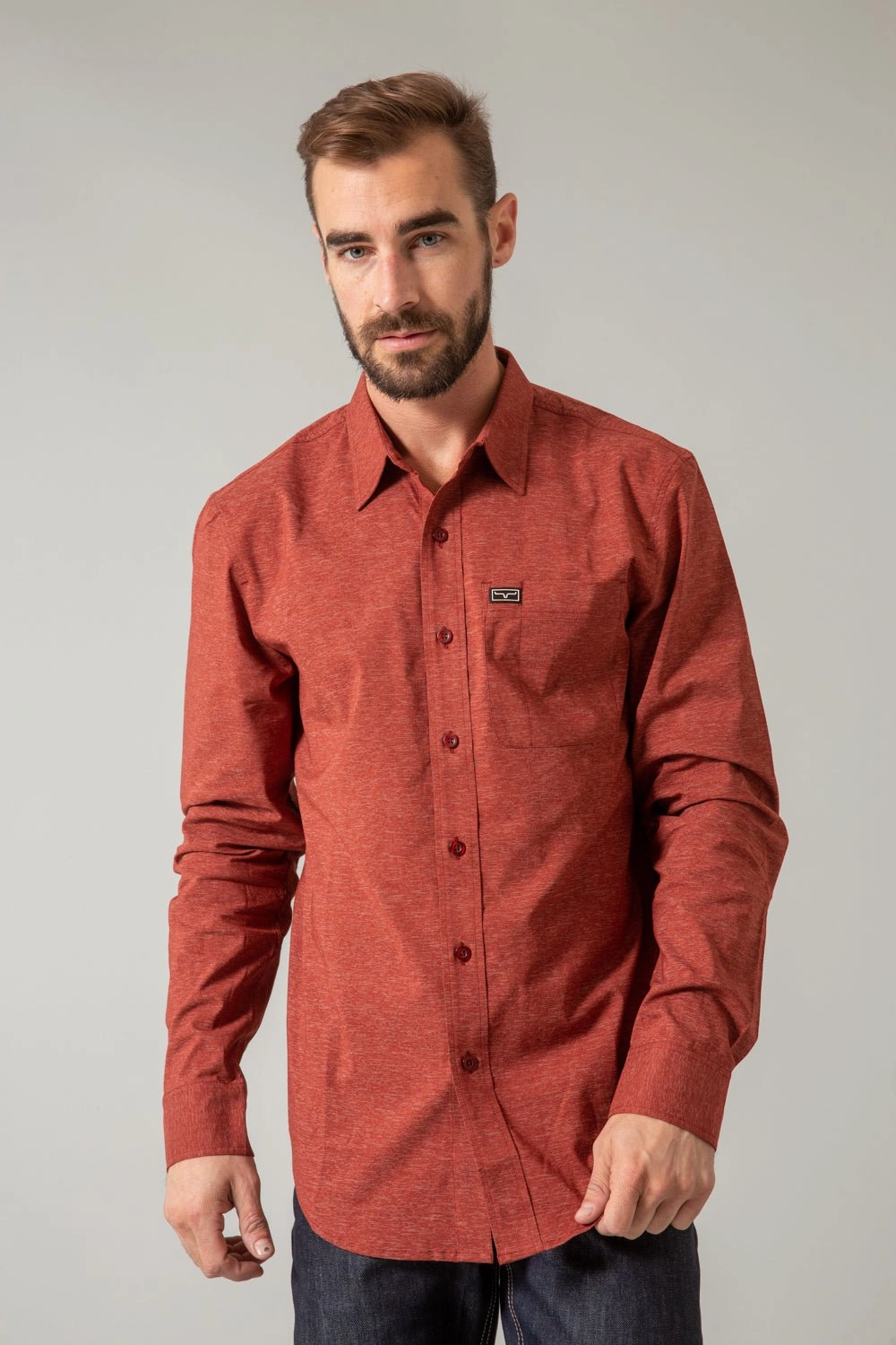 Athletic Cut Kimes Ranch Mens Linville Solid Red Cotton blend L/S Shirt