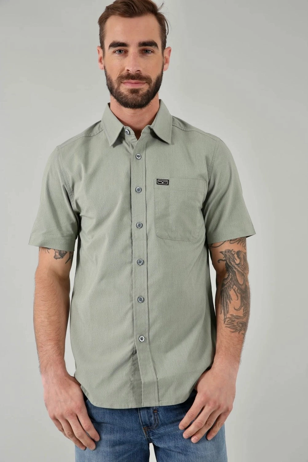 Polished Style High-End Look Kimes Ranch Mens Linville Solid Sage Cotton Blend S/S Shirt