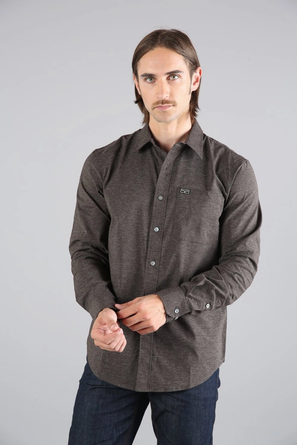 Trendy Vibes Kimes Ranch Mens Linville Solid Tobacco Cotton Blend L/S Shirt