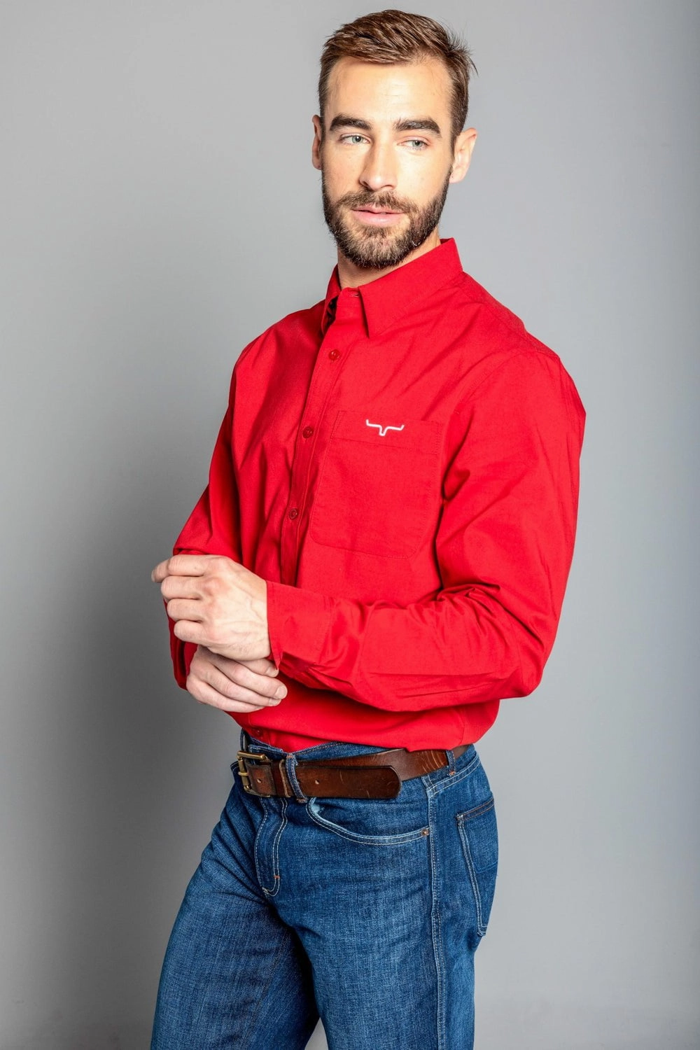 Current Style Comfortable Wear Kimes Ranch Mens Team Shirt Red Cotton Blend L/S Shirt