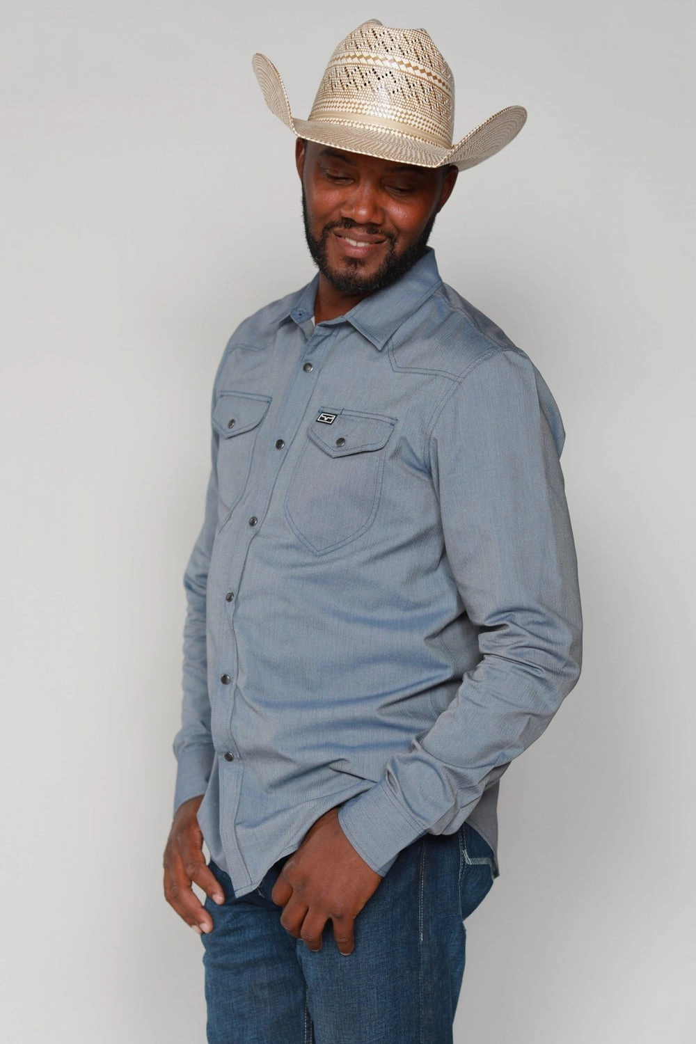 Kimes Ranch Mens Tucson HB Indigo Cotton Blend L/S Western Shirt Raw edge