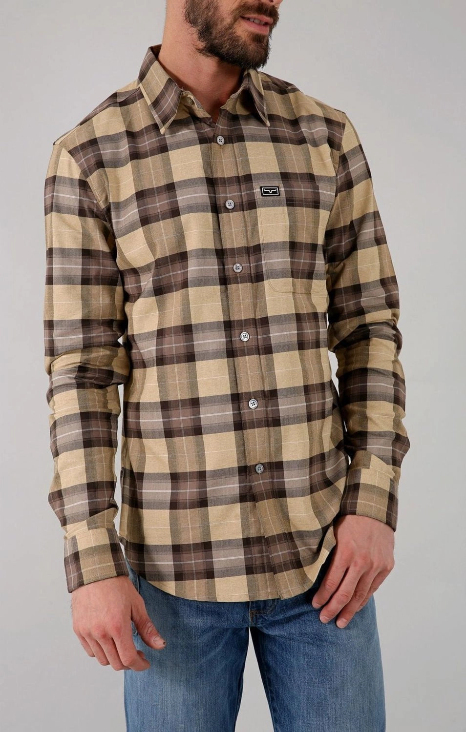 Kimes Ranch Mens Twin Peaks Flannel Dress Brown Cotton blend L/S Shirt All-Weather Ready Double Stitched Hems
