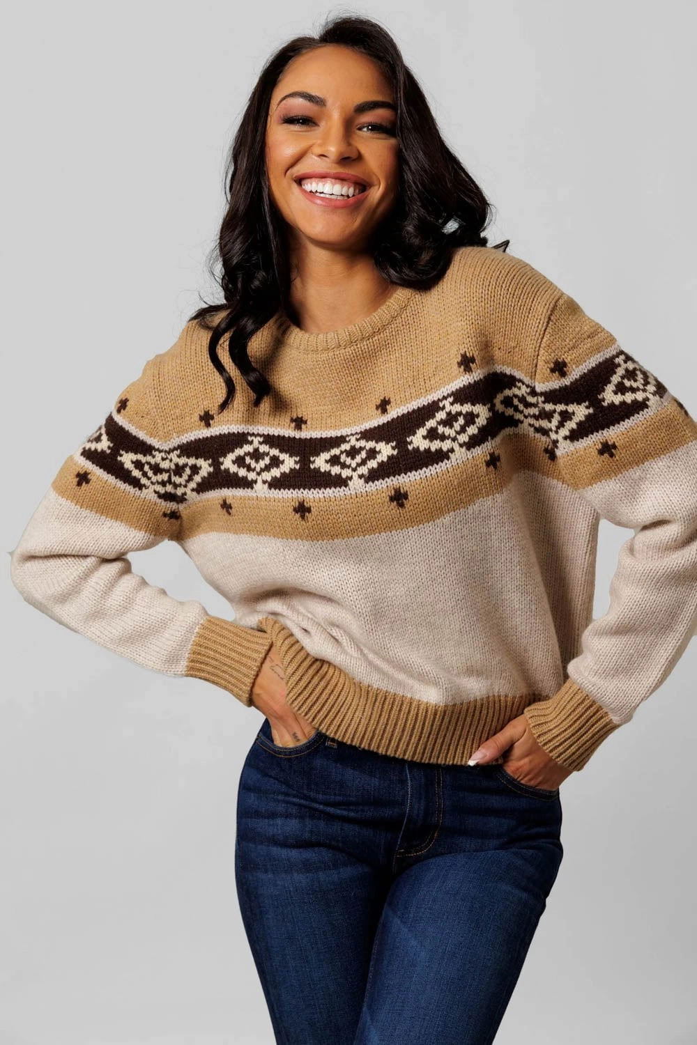 Tropical Life Kimes Ranch Womens Chama Crew Oatmeal Wool Blend Sweater