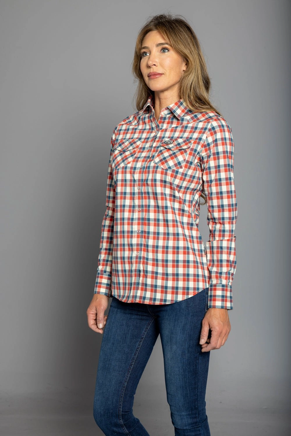 Kimes Ranch Womens Go Round Navy Cotton Blend L/S Shirt EasyCare Fabric Snag Resistant Fabric