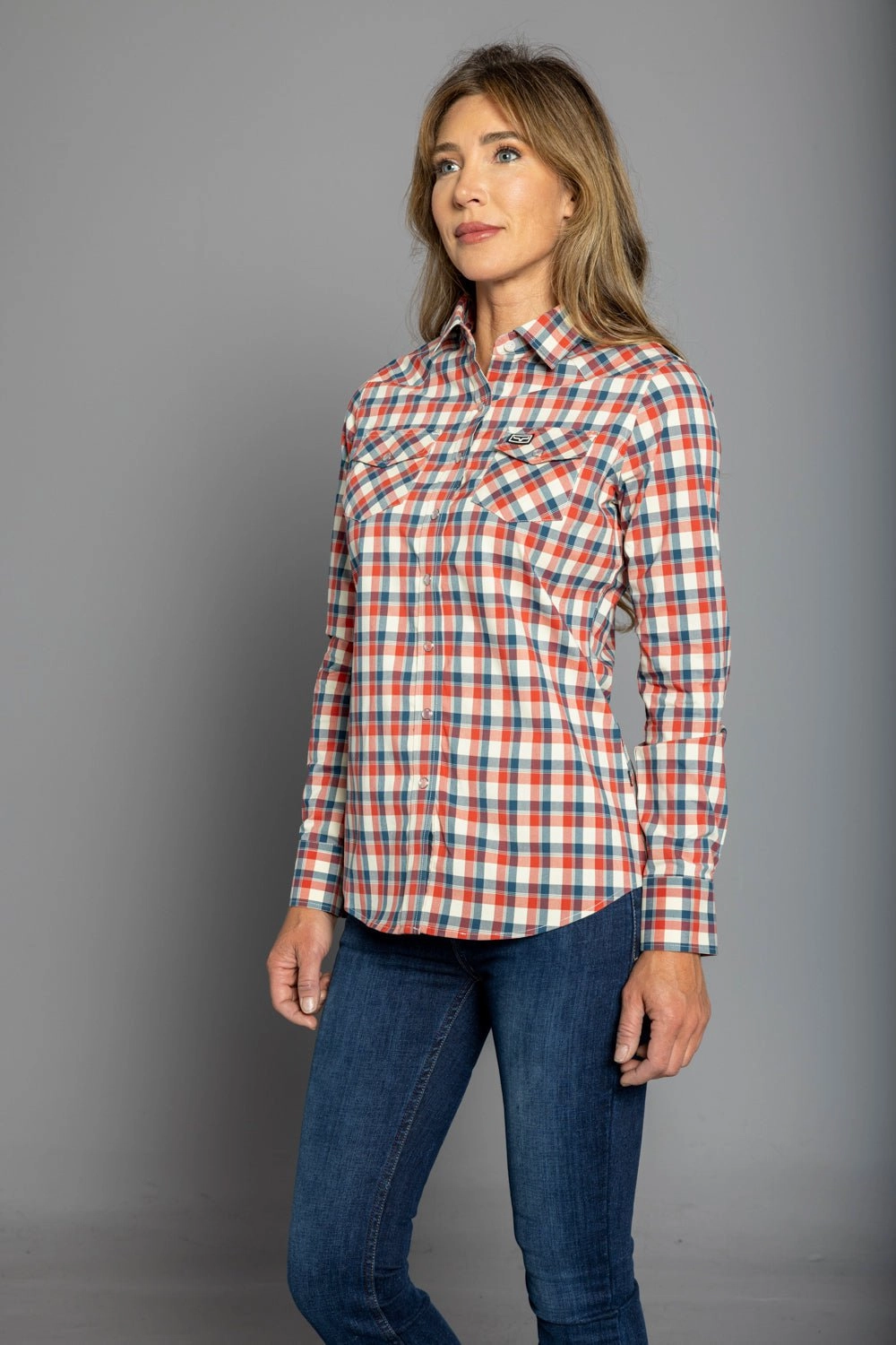 Flexible Placket Structure Limited Edition Kimes Ranch Womens Go Round Navy Cotton Blend L/S Shirt