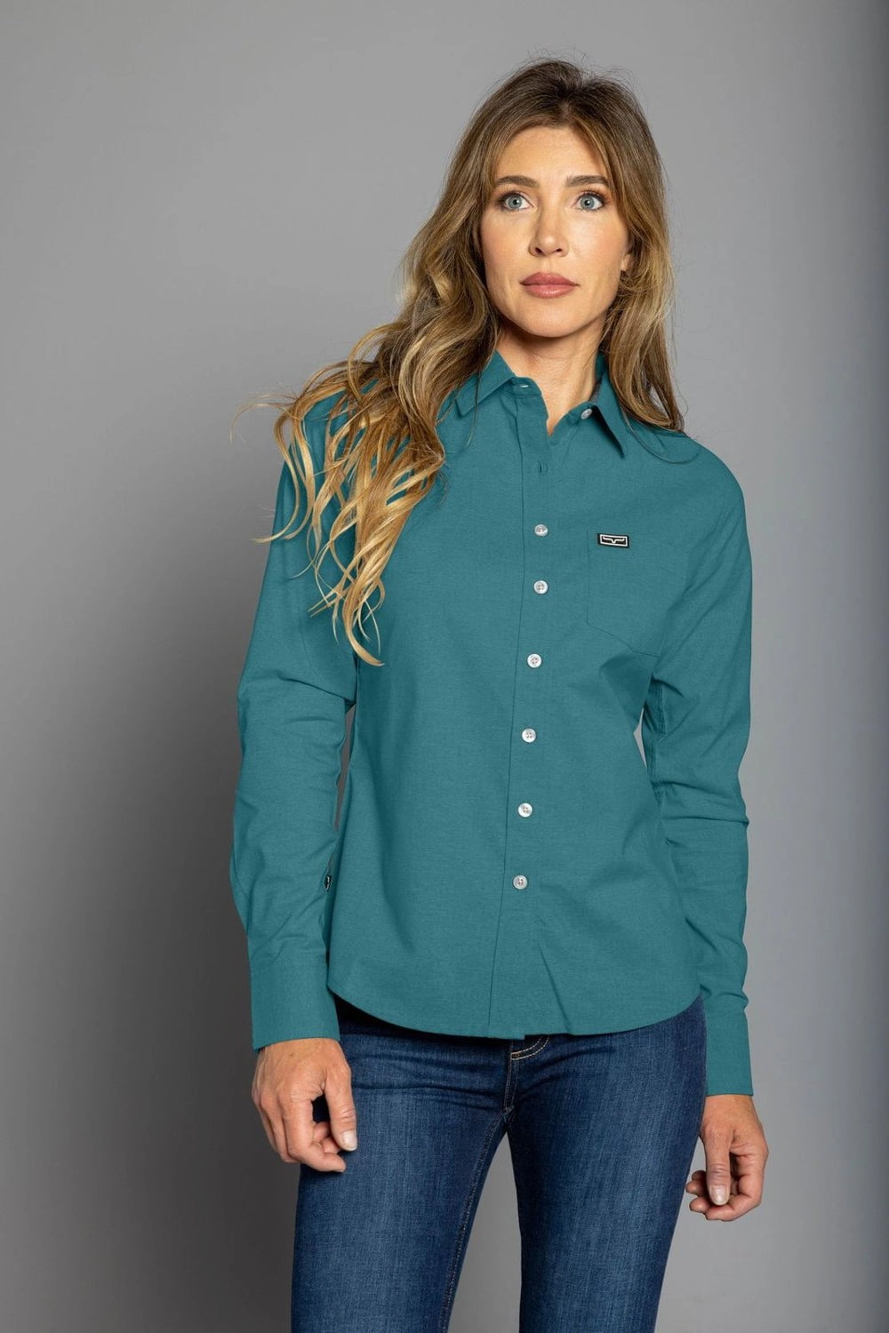 Kimes Ranch Womens Linville Blue Cotton blend L/S Shirt Performance Fabric Urban Wear