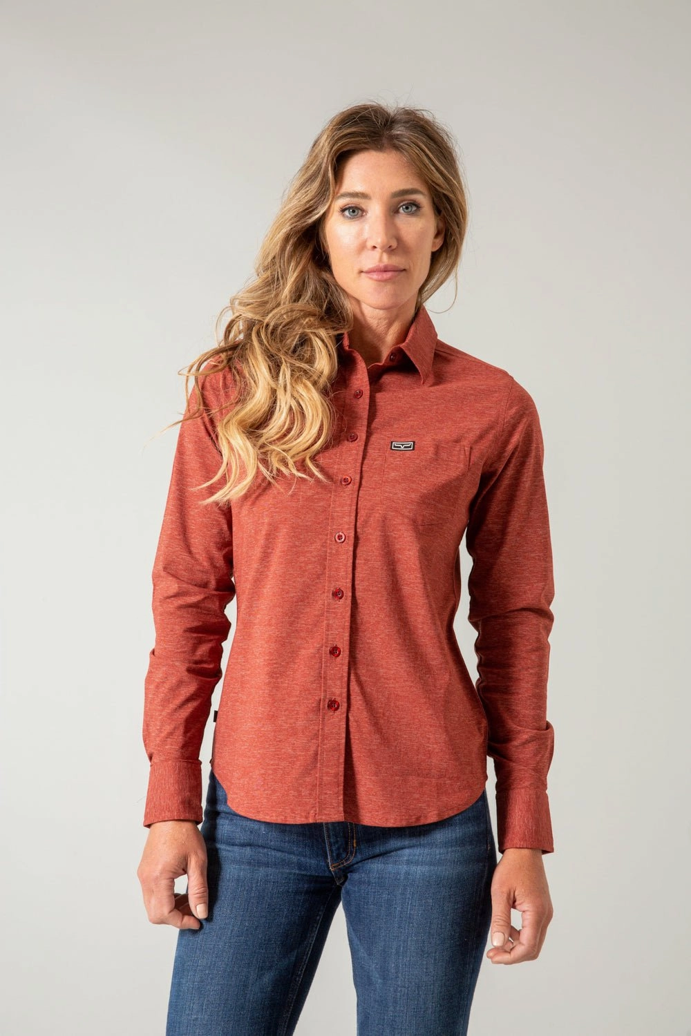 Kimes Ranch Womens Linville Solid Dark Red Cotton Blend L/S Shirt Seasonal Trend